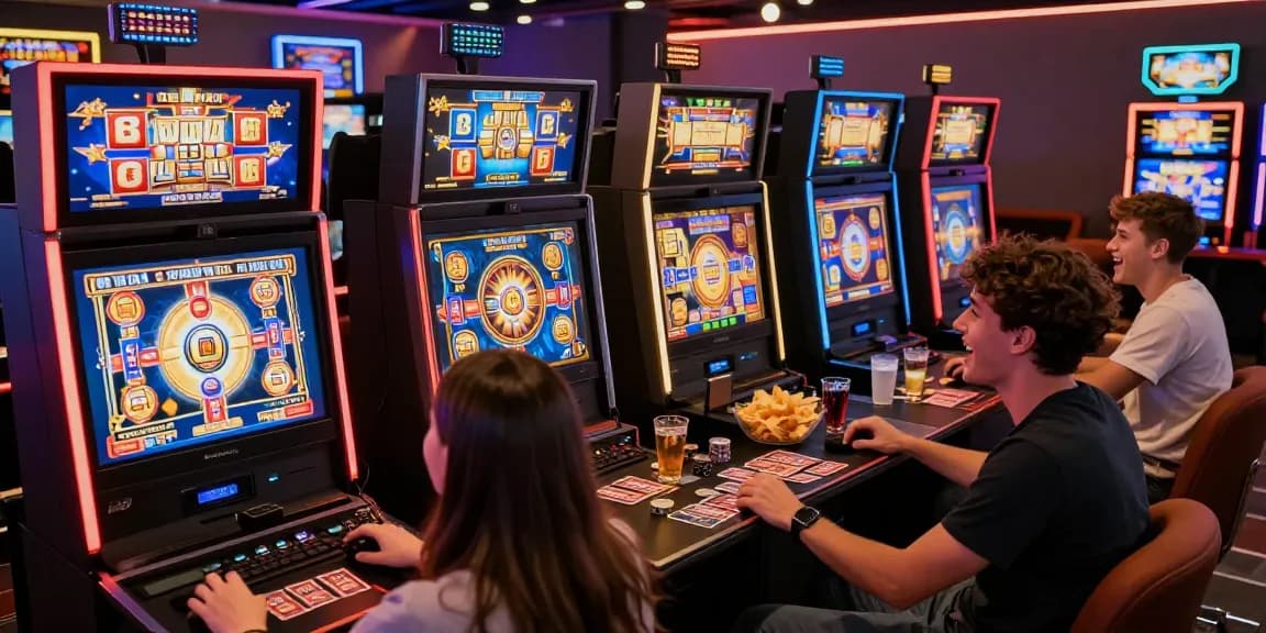Group enjoying online slot games in a modern gaming room with vibrant visuals