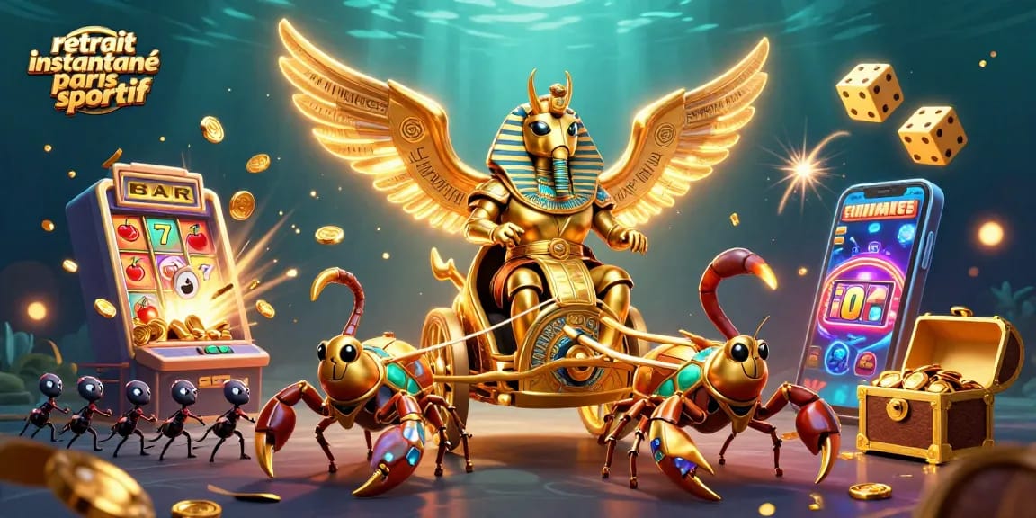 Retrait instantané paris sportif : illustre un scarabée doré colossal conduisant une charrette avec des scorpions.