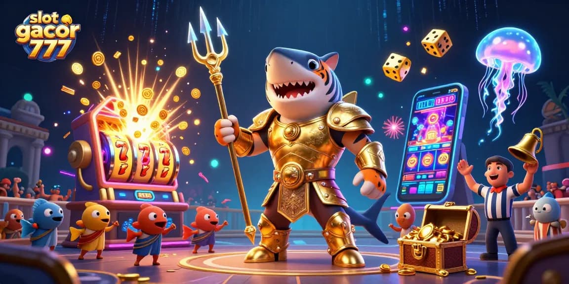 Experience the thrilling action of slot gacor 777 with a cartoon tiger shark in a vibrant underwater casino.