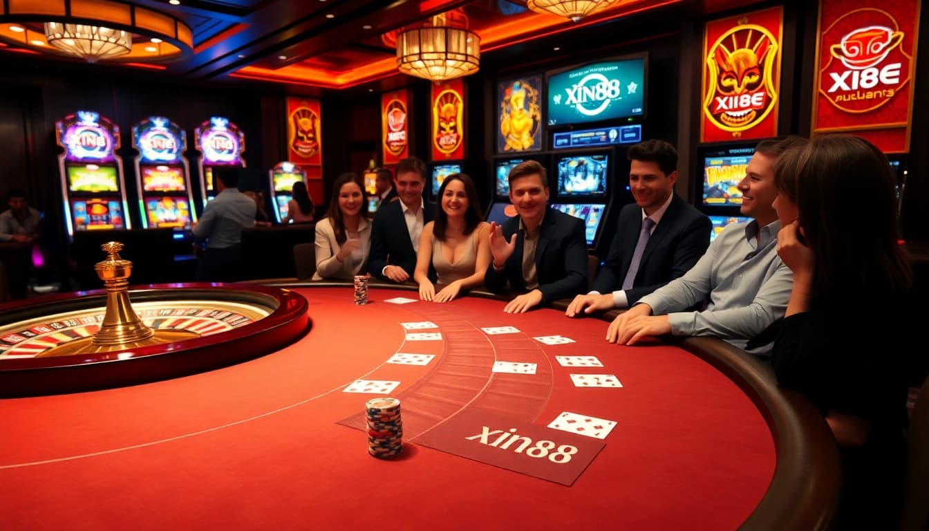 Experience xin88 excitement at a lively casino with eager players and vibrant gaming tables.