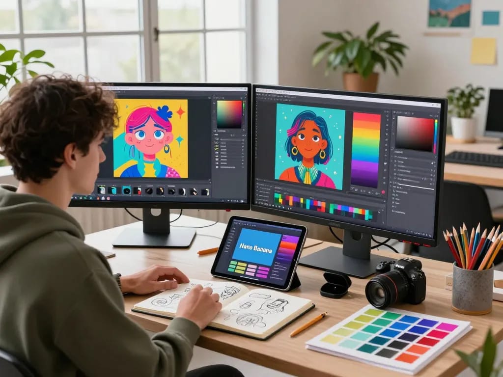 Designer using the Nano Banana AI image editor in a vibrant digital art studio, showcasing creative tools and AI-generated visuals.