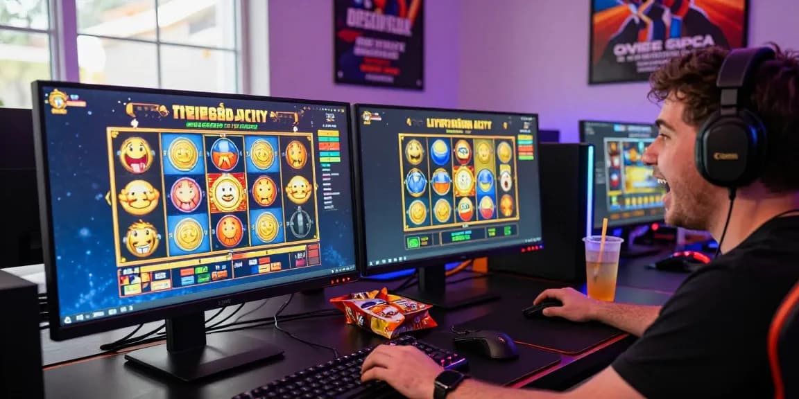 Engaged gamer exploring slot deposit 1k with vibrant interface and gaming setup in an immersive environment.