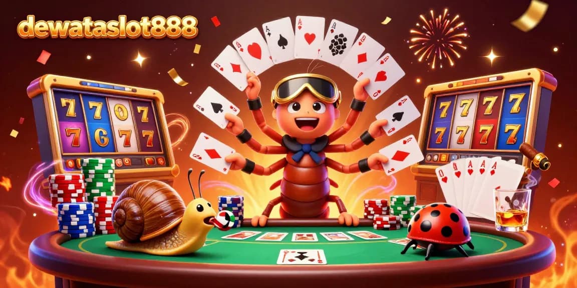 Mainkan permainan slot di dewataslot888 dengan dealer kartun dan suasana kasino yang meriah.