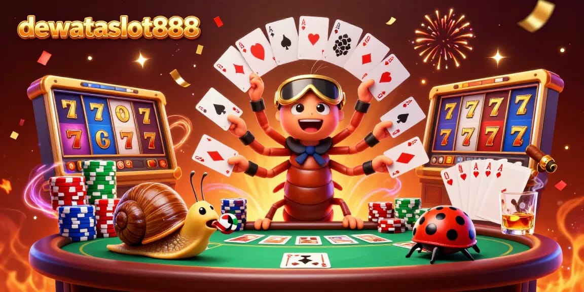 Mainkan permainan slot di dewataslot888 dengan dealer kartun dan suasana kasino yang meriah.