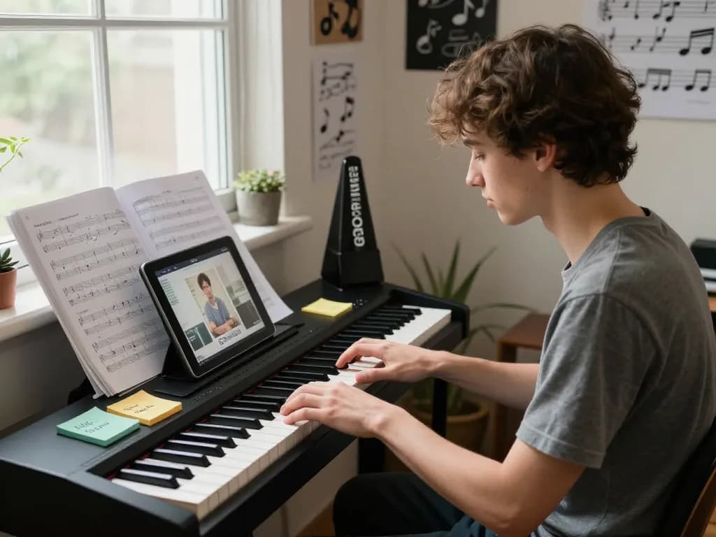 Aspiring musician practicing on go 88 piano in a cozy home studio, surrounded by sheet music and a tablet tutorial.