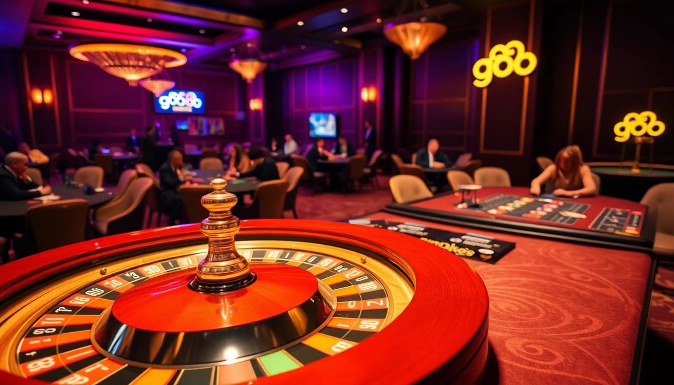 Good88 casino atmosphere showcasing roulette and card games, evoking luxury and excitement.