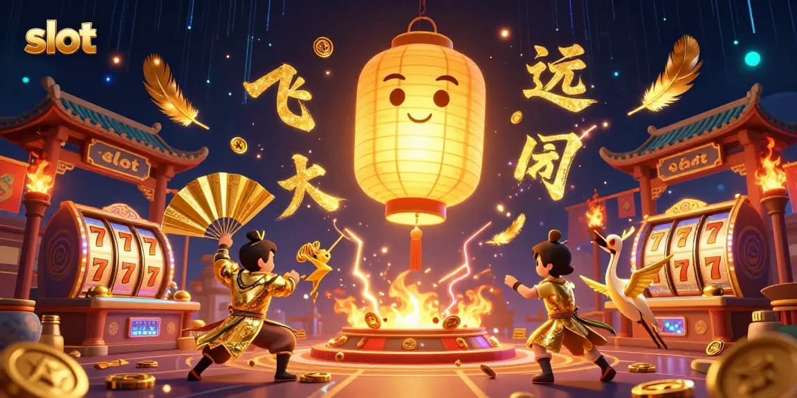 Engage in thrilling slot experiences with golden lantern spirit above a vibrant casino scene.