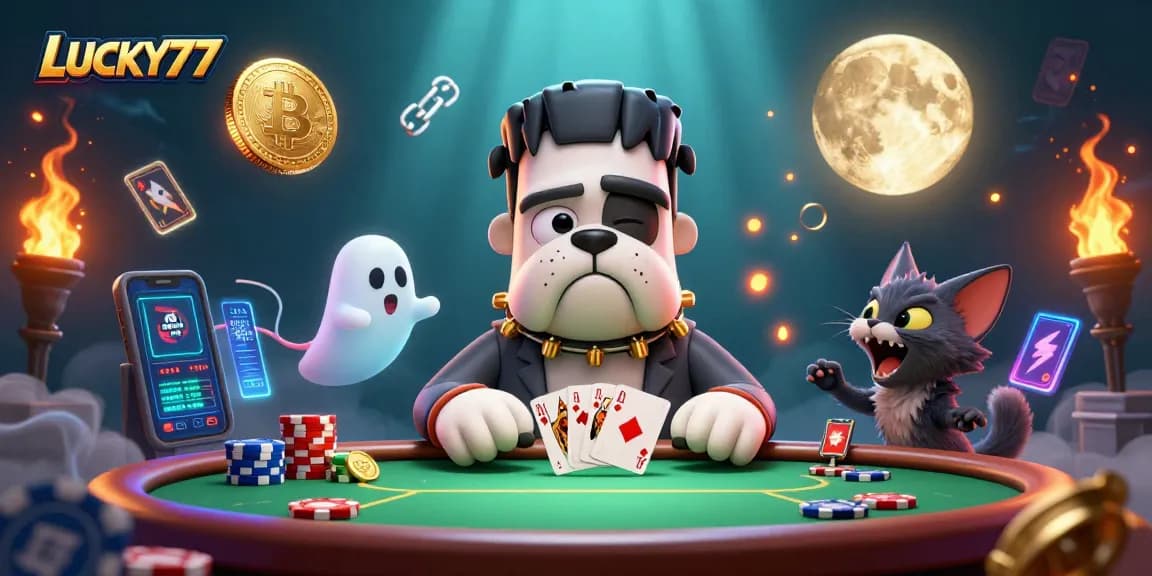 Experience the thrill at LUCKY77 with a lively poker scene featuring a Frankenstein bulldog dealer and crypto elements.