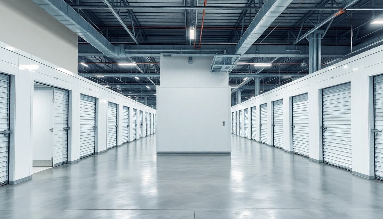 Explore self storage units showcasing modern, organized facilities with bright lighting.