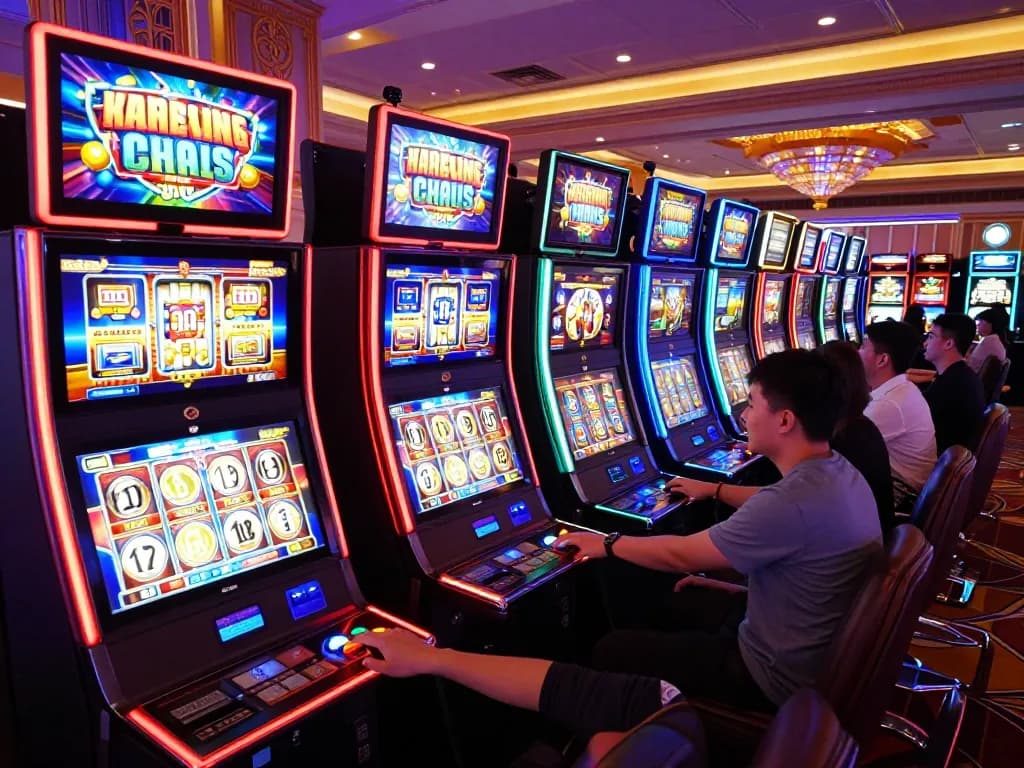 Players engaging in lively action at colorful slot gacor machines in a vibrant casino setting