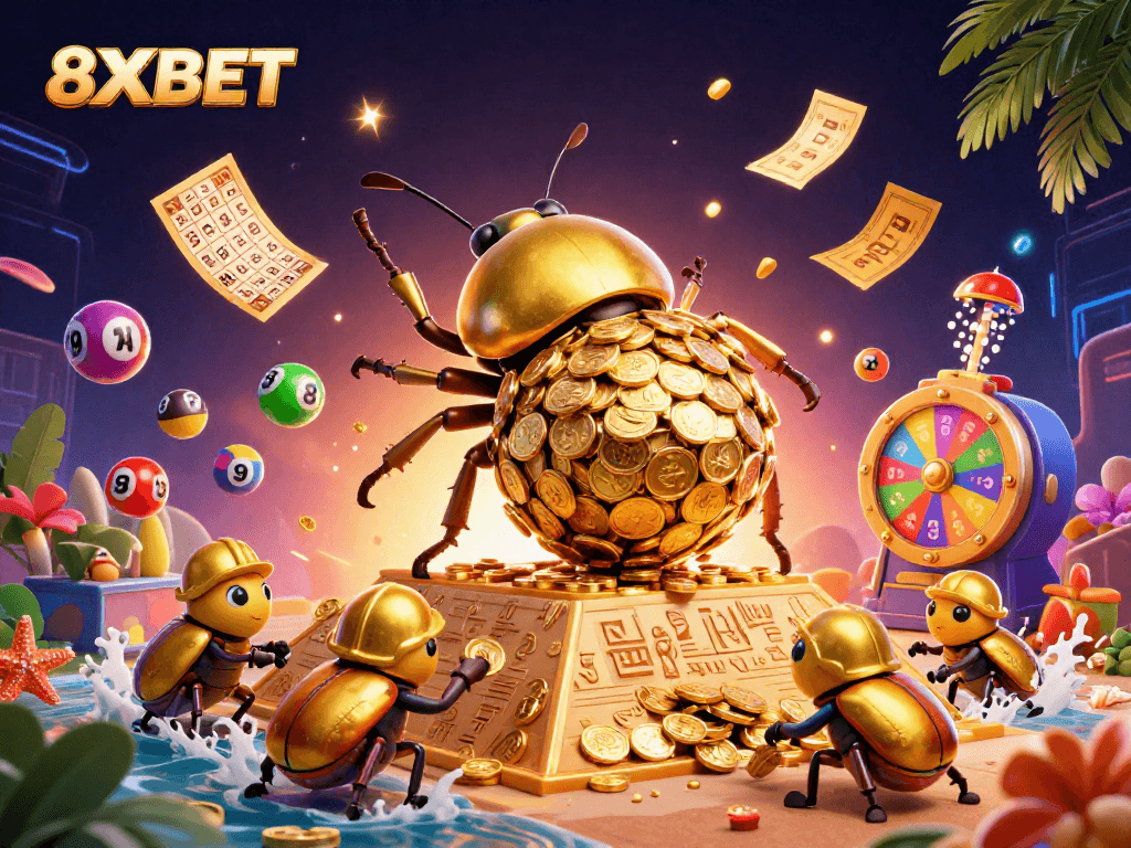 Experience thrilling wins with 8XBET's colorful illustration of golden coins and engagement.