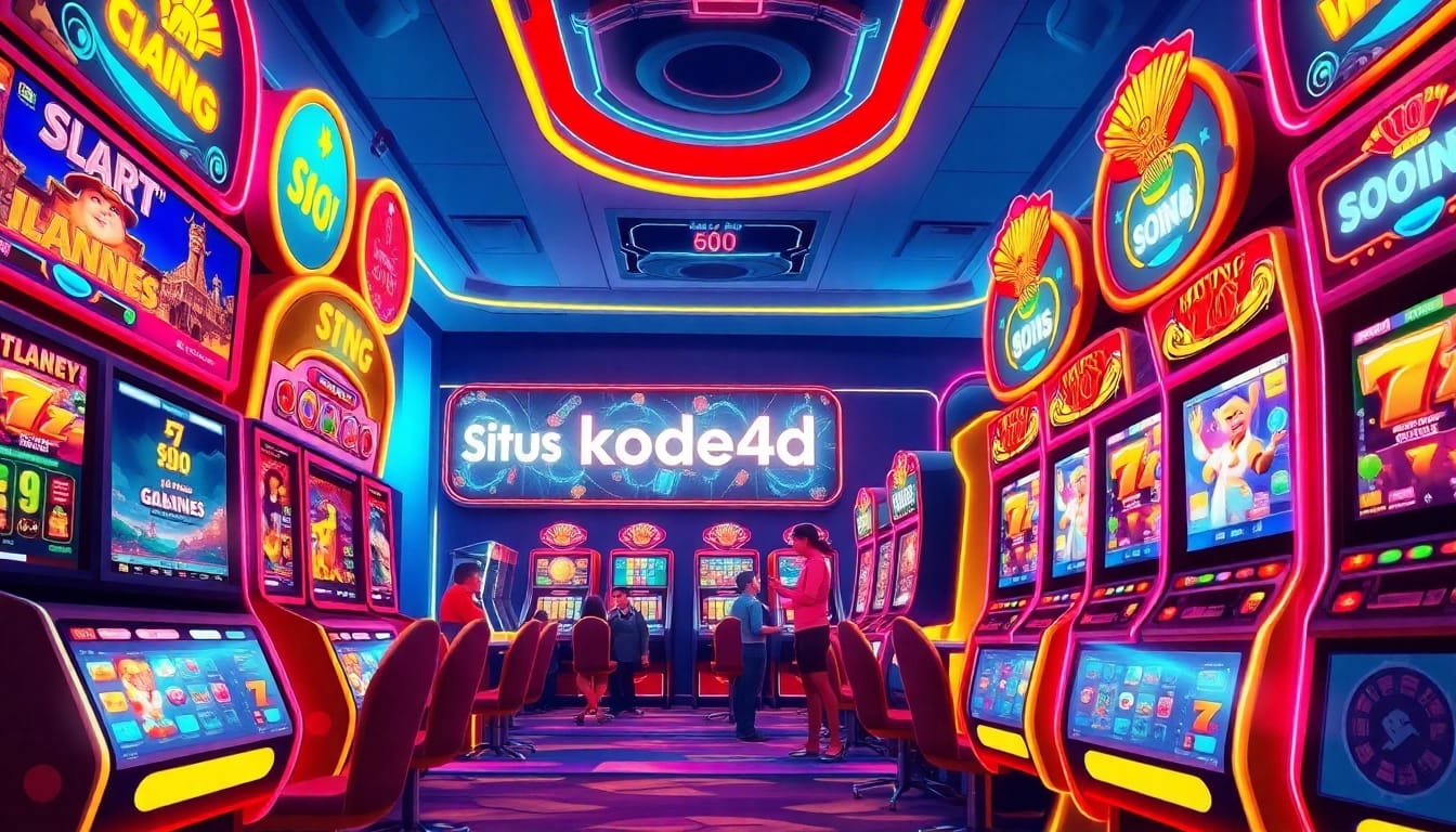 Exciting online gaming scene showcasing Situs kode4d with vibrant slot machines and happy players.
