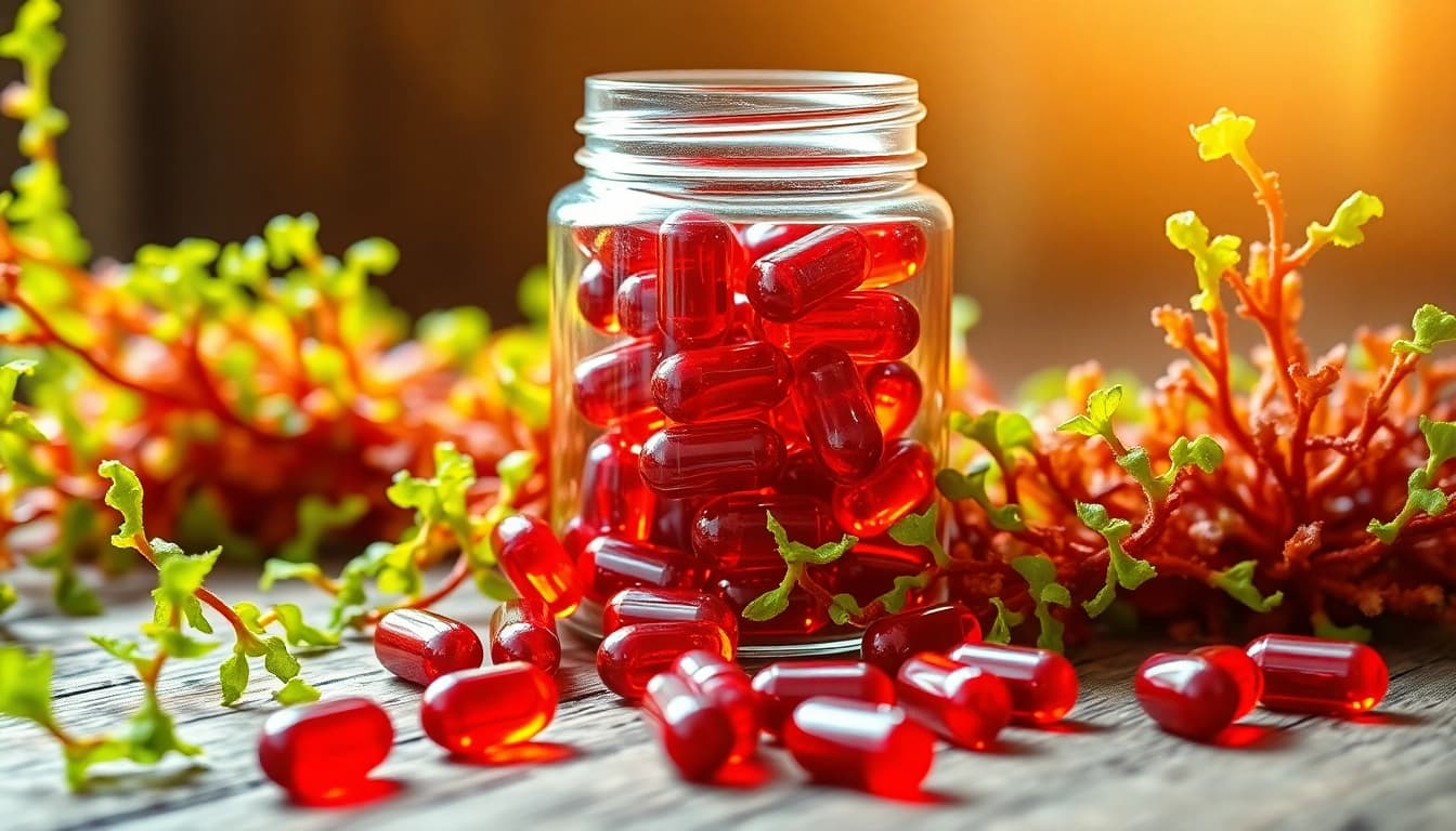 Vibrant astaxanthin softgels in a clear jar, highlighting their health benefits.