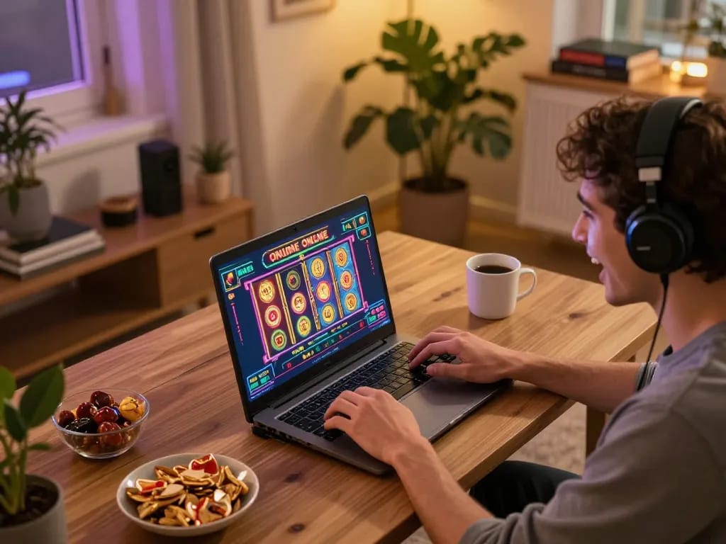 Engaging in casino online gratis senza registrazione with a laptop at home, showcasing vibrant gameplay and a cozy atmosphere