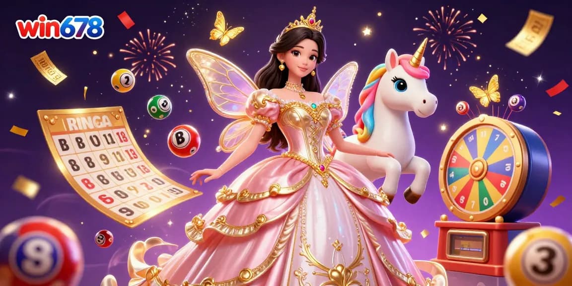 Engage with exciting win678 gaming, featuring a glamorous woman and golden unicorn in a vibrant lottery scene.