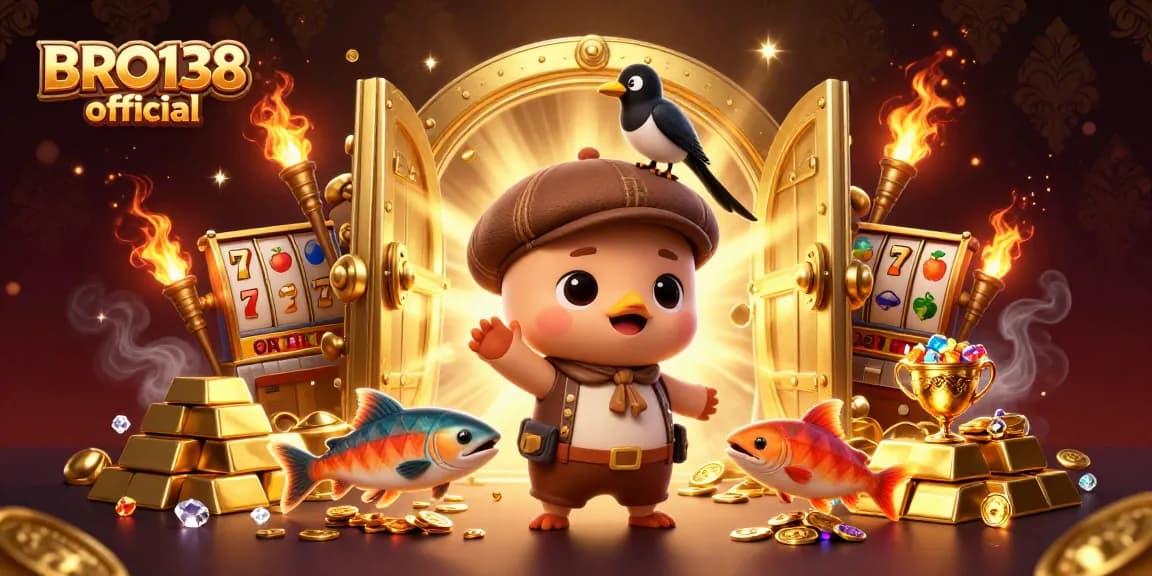 Experience the excitement of BRO138 official with lively slot elements and whimsical characters celebrating big wins.