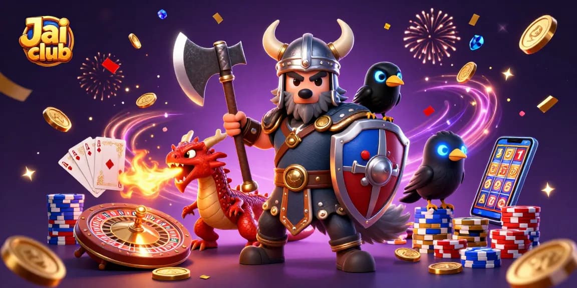 Experience exciting gameplay at Jai club with a vibrant 3D illustration of gaming elements and heroes.