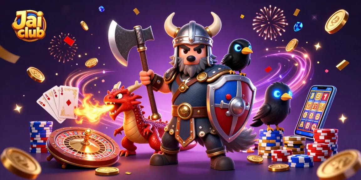 Experience exciting gameplay at Jai club with a vibrant 3D illustration of gaming elements and heroes.