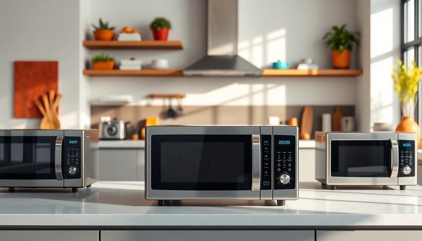Showcasing diverse Microwave Oven Sales with modern designs in a stylish kitchen environment.