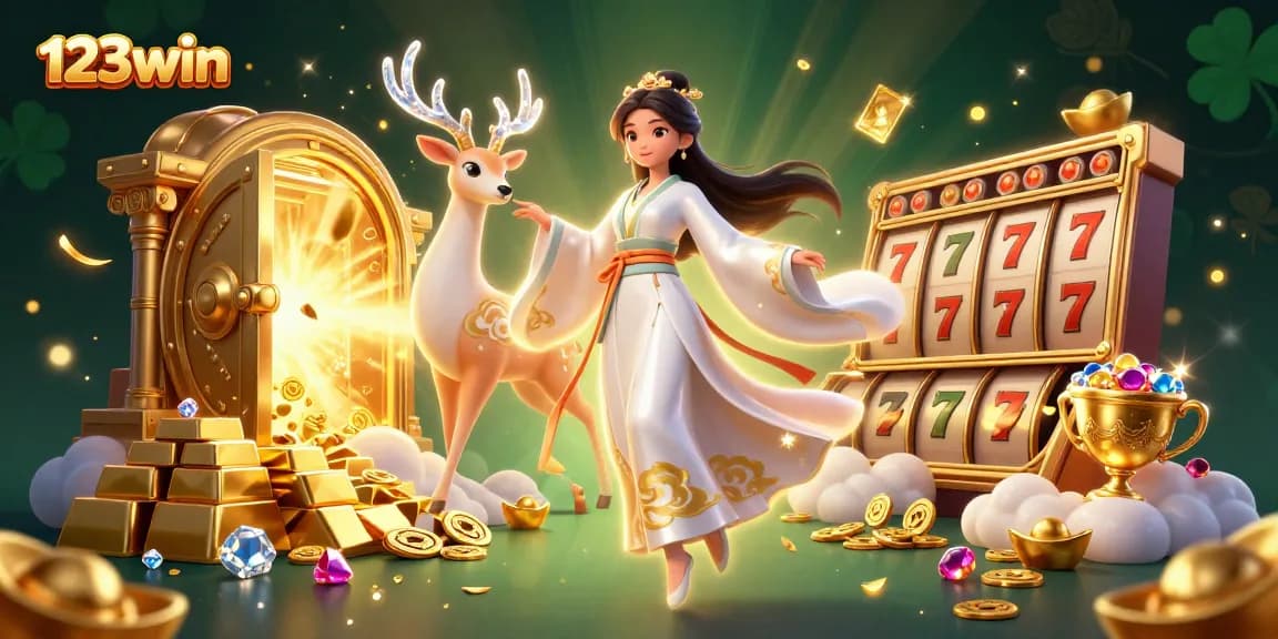 Experience the excitement of 123win with vibrant 3D casino illustrations featuring rich gold treasures.