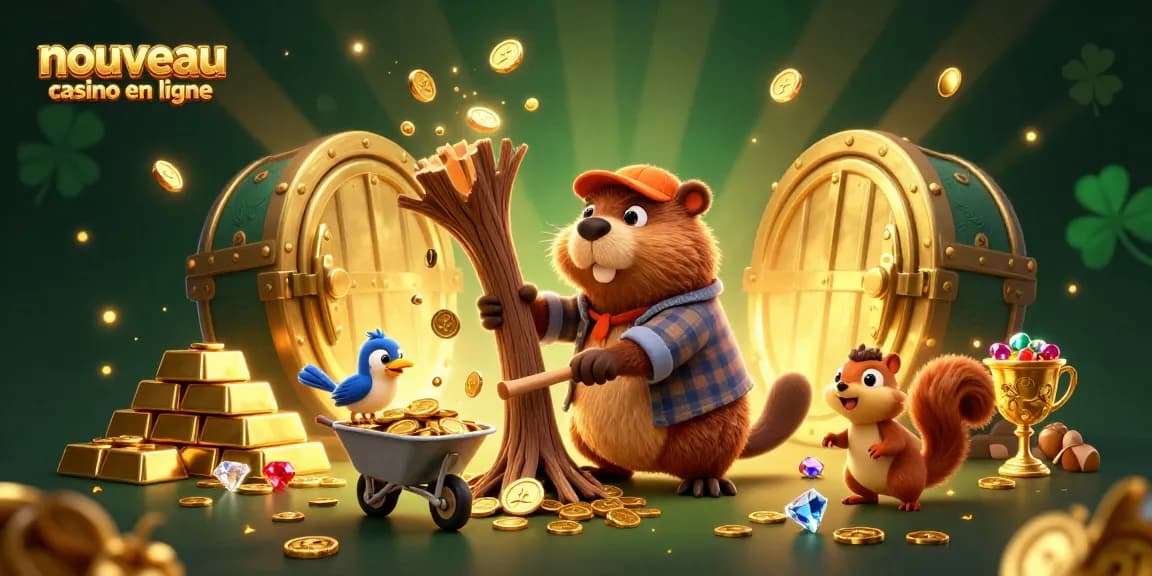 Découvrez le nouveau casino en ligne avec un castor héros collectant des pièces d'or et des trésors scintillants.