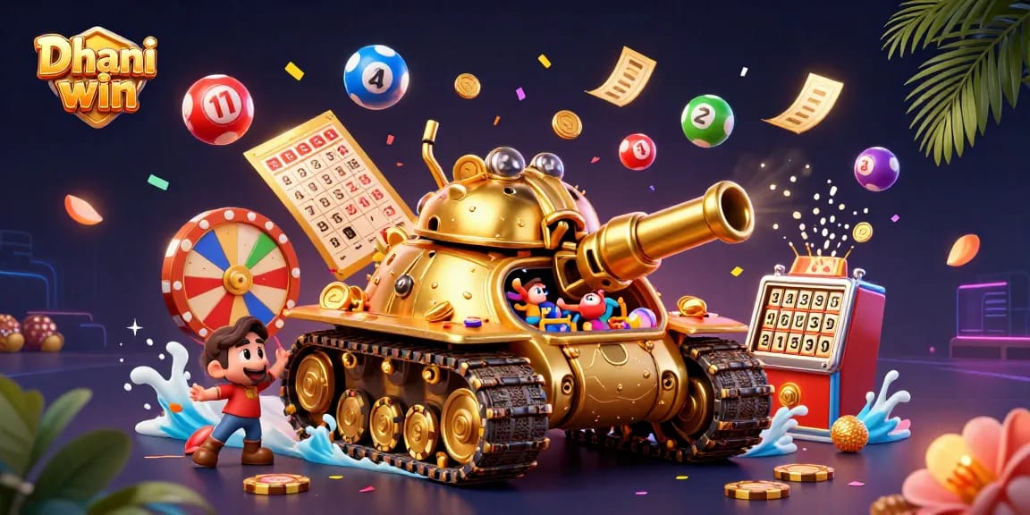 Dhani win showcases a vibrant gaming experience with a golden beetle tank casino surrounded by colorful lottery elements.