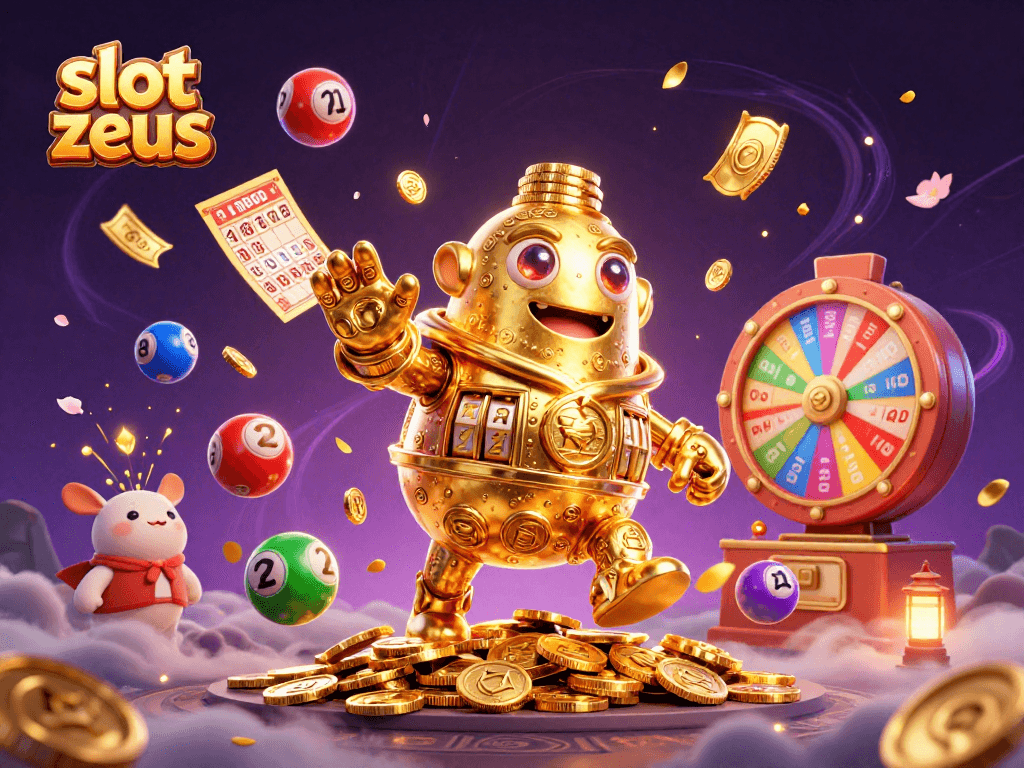 Experience the thrill of slot zeus with a golden golem, lottery balls, and vibrant casino elements.