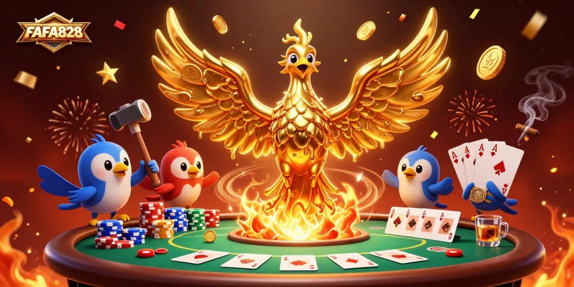 Experience the thrill of FAFA828 with a vibrant casino scene featuring a golden phoenix.