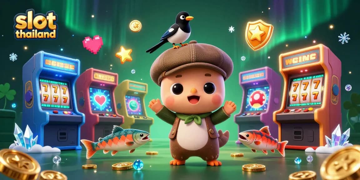 Win big with slot thailand at this vibrant casino-themed illustration featuring colorful game icons.