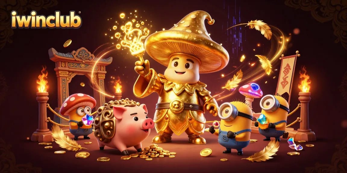 Experience dazzling treasures with iwinclub's golden wizard and friends in an intricate casino-themed setting.