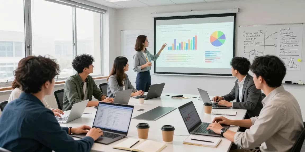 Engaged professionals analyzing campaign performance analytics data during a digital marketing workshop, showcasing collaboration and strategy.
