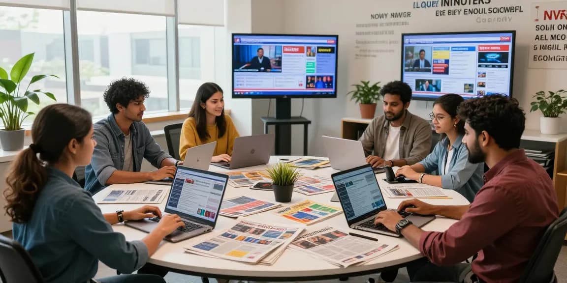 Dynamic editorial workspace at https://www.theindaily.com, showcasing journalists collaborating on current news stories.