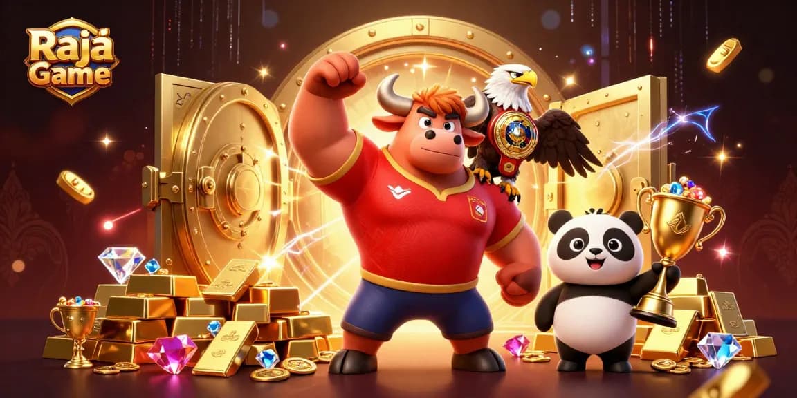 Engage in thrilling gaming with Raja Game, featuring vibrant cartoon characters amidst gold and jewels.