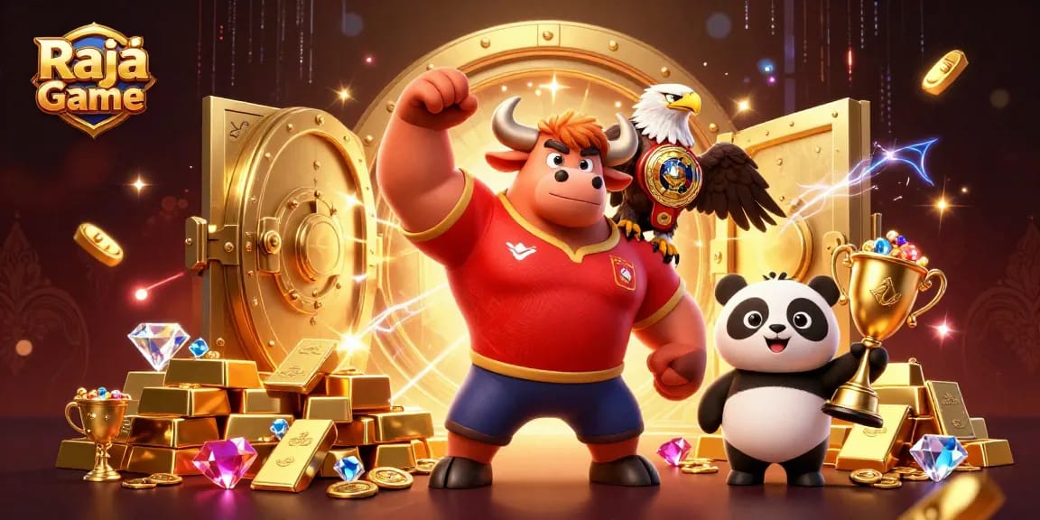 Engage in thrilling gaming with Raja Game, featuring vibrant cartoon characters amidst gold and jewels.