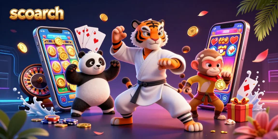 Scoarch showcases a fun scene of a cartoon tiger, panda, and monkey in an exciting casino setting with slot games and coins.