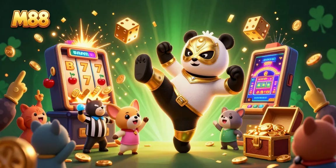 M88 offers thrilling casino experiences with a lively panda wrestler and vibrant jackpot celebrations.