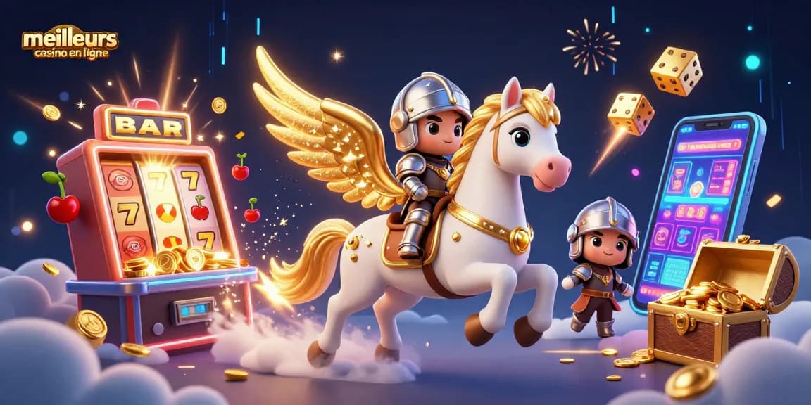 Découvrez les meilleurs casinos en ligne avec l'illustration d'un cheval céleste et un jackpot éclatant.