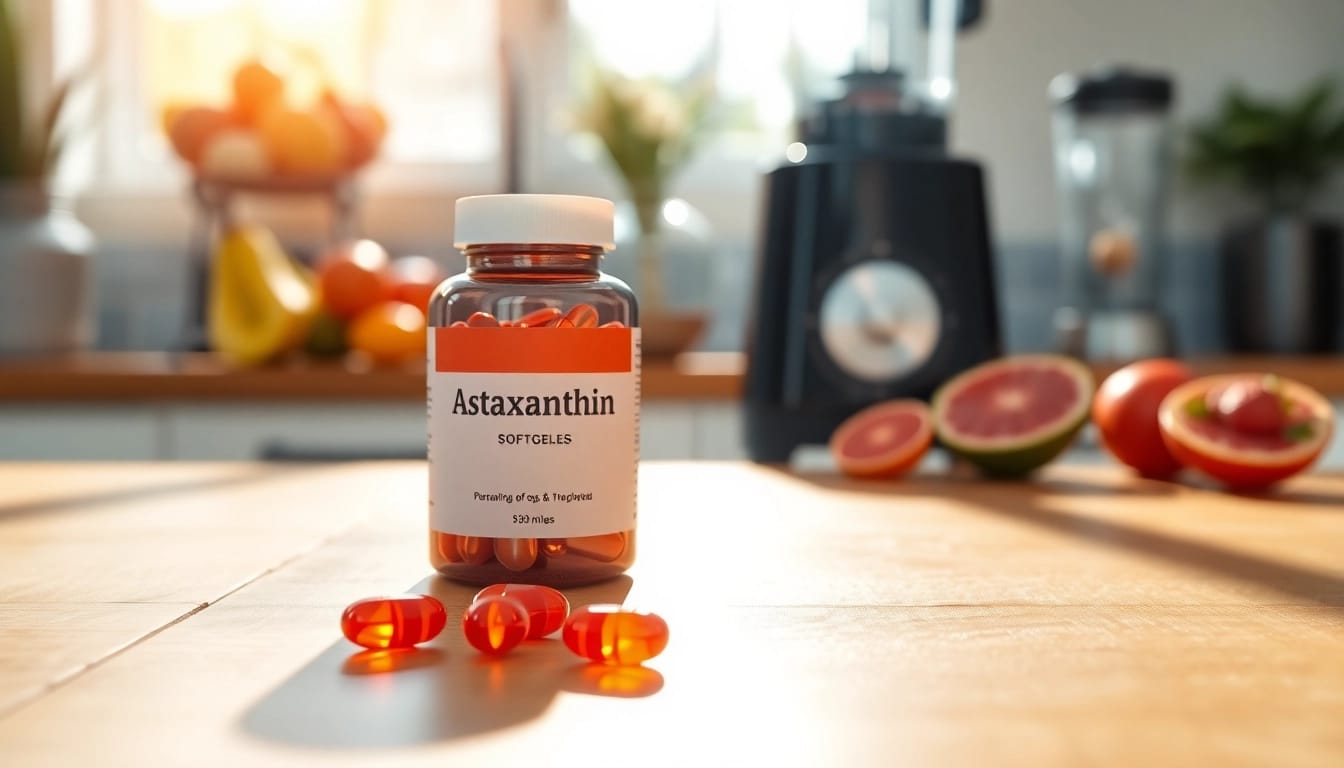 Showcase of astaxanthin softgels in natural light with vibrant colors, enhancing health appeal.