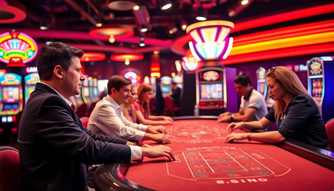 Permainan di kasino bbni4d dengan pemain yang penuh semangat dan mesin slot berwarna-warni.