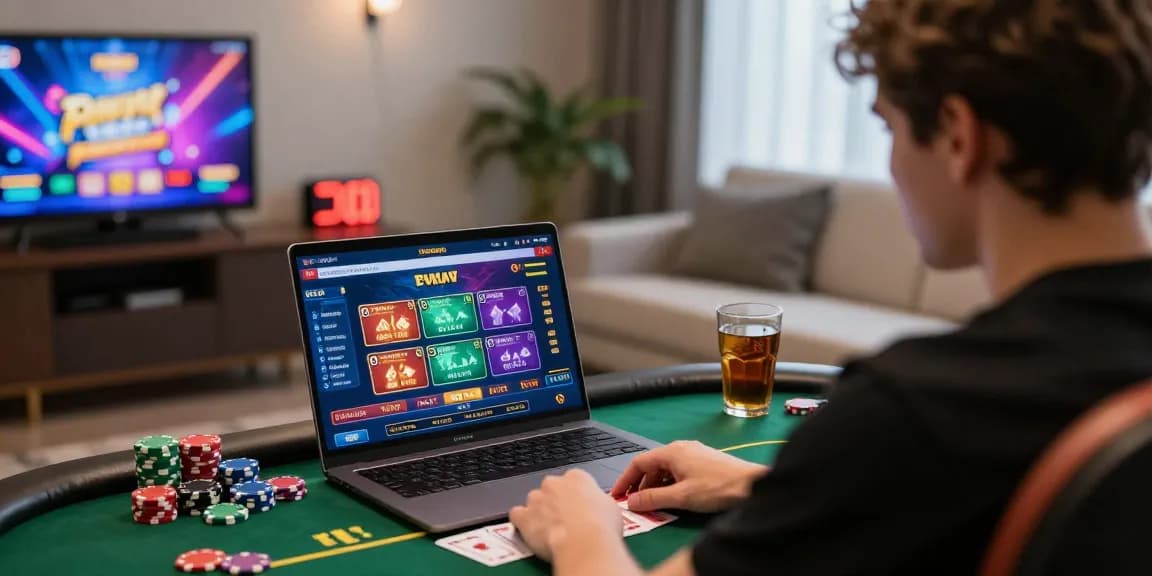 Player enjoying situs raja328 on their laptop amidst a vibrant online gambling atmosphere, showcasing gaming excitement