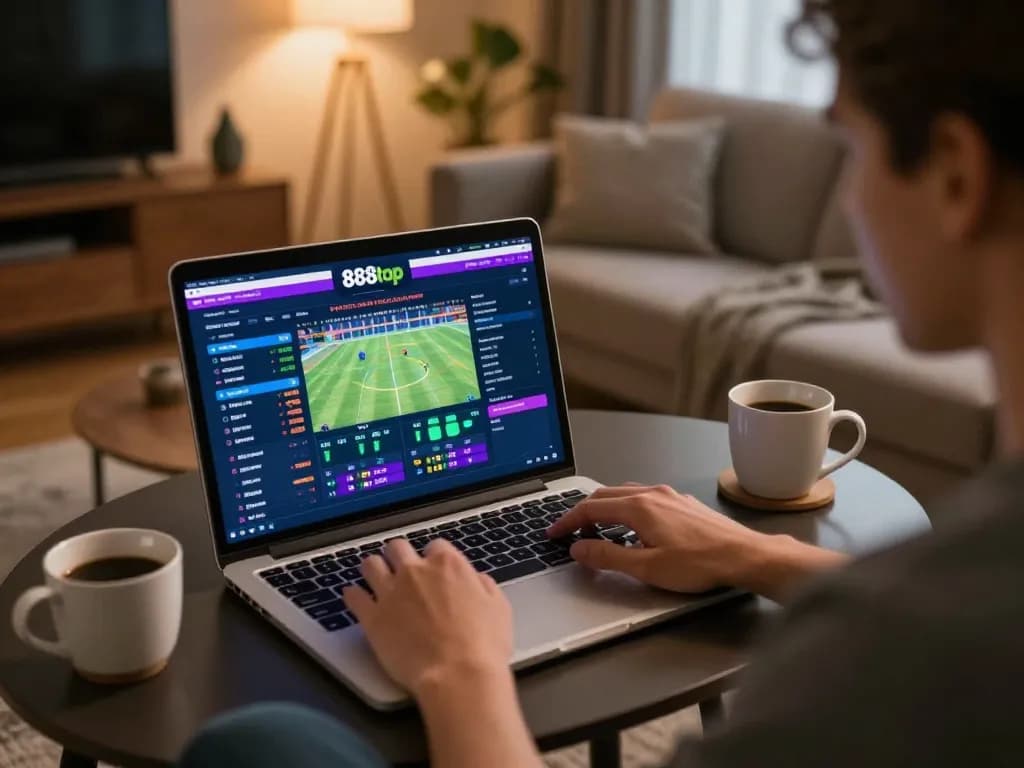 Engage in thrilling sports betting on 888top from a cozy home setup with laptop.