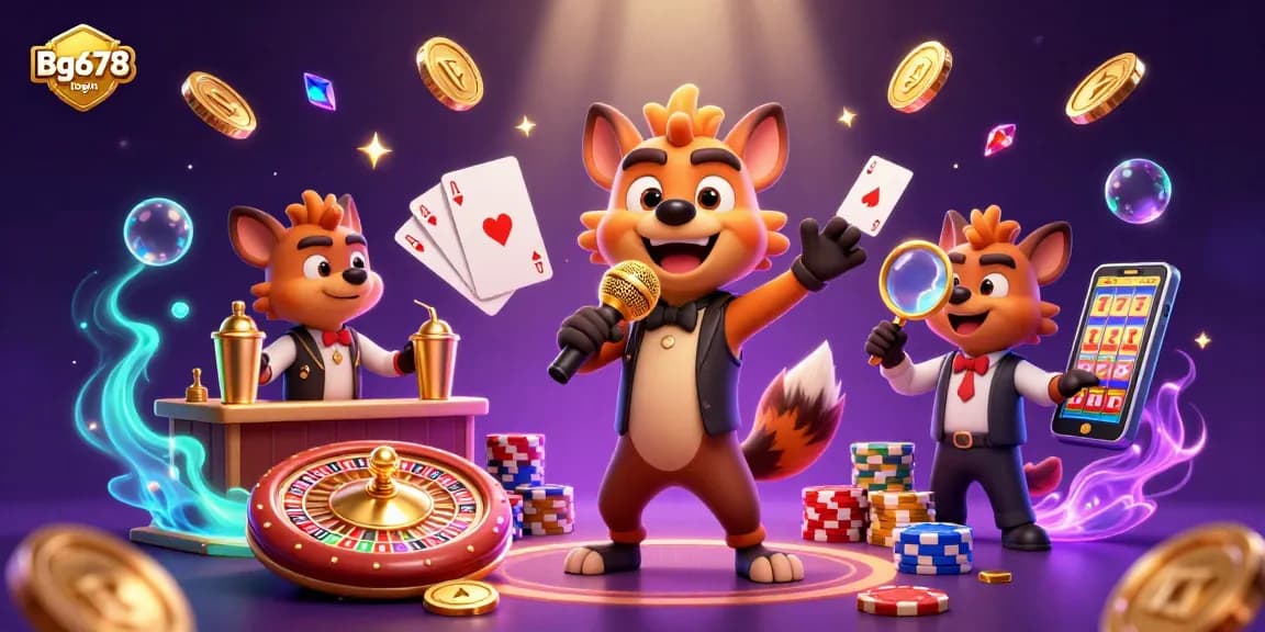 Engage with Bg678 login at a vibrant casino scene with hyenas, drinks, and dazzling gaming elements.