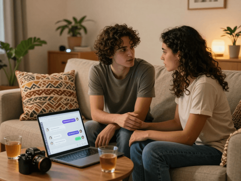 Engaged couple using sex AI chat on a laptop in a cozy living room.