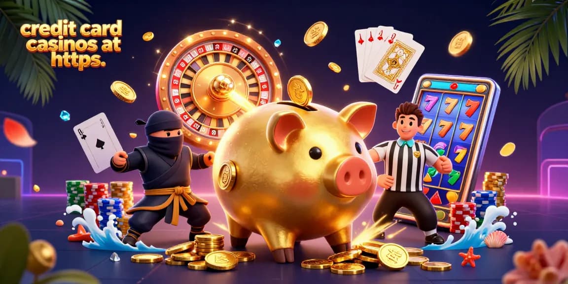 Showcasing credit card casinos at https: with animation of a piggy bank wrestler and vibrant casino elements.