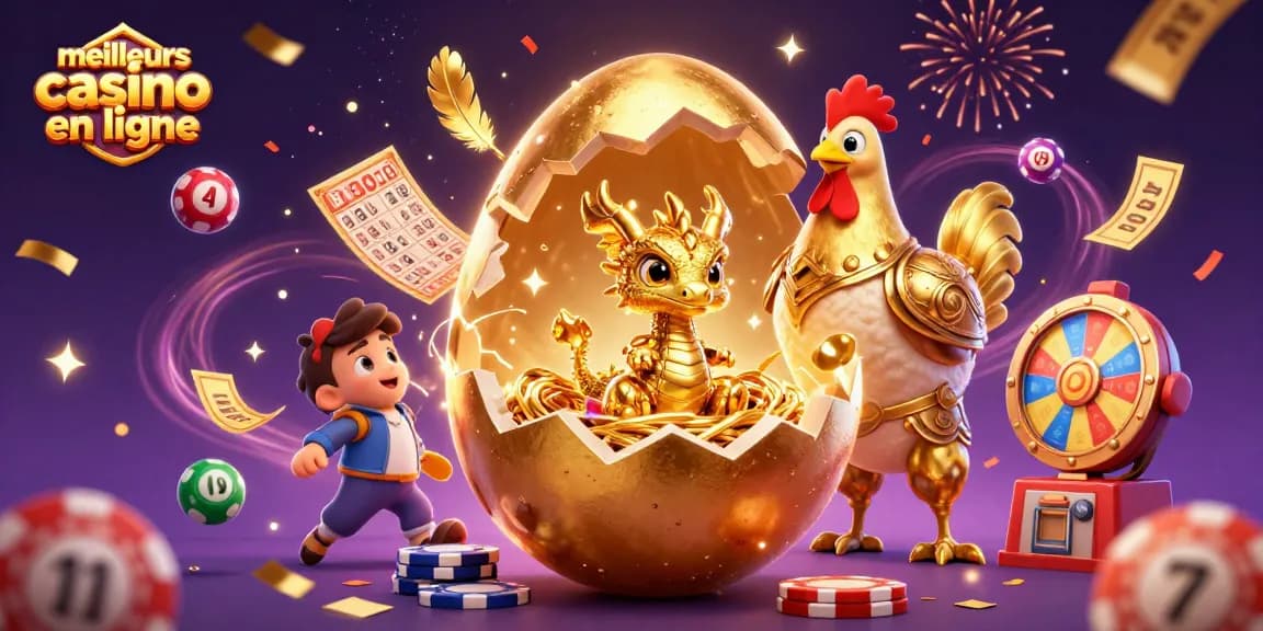 Découvrez les meilleurs casinos en ligne avec un dragon doré et des jetons de poker, le tout sous un fond festif.