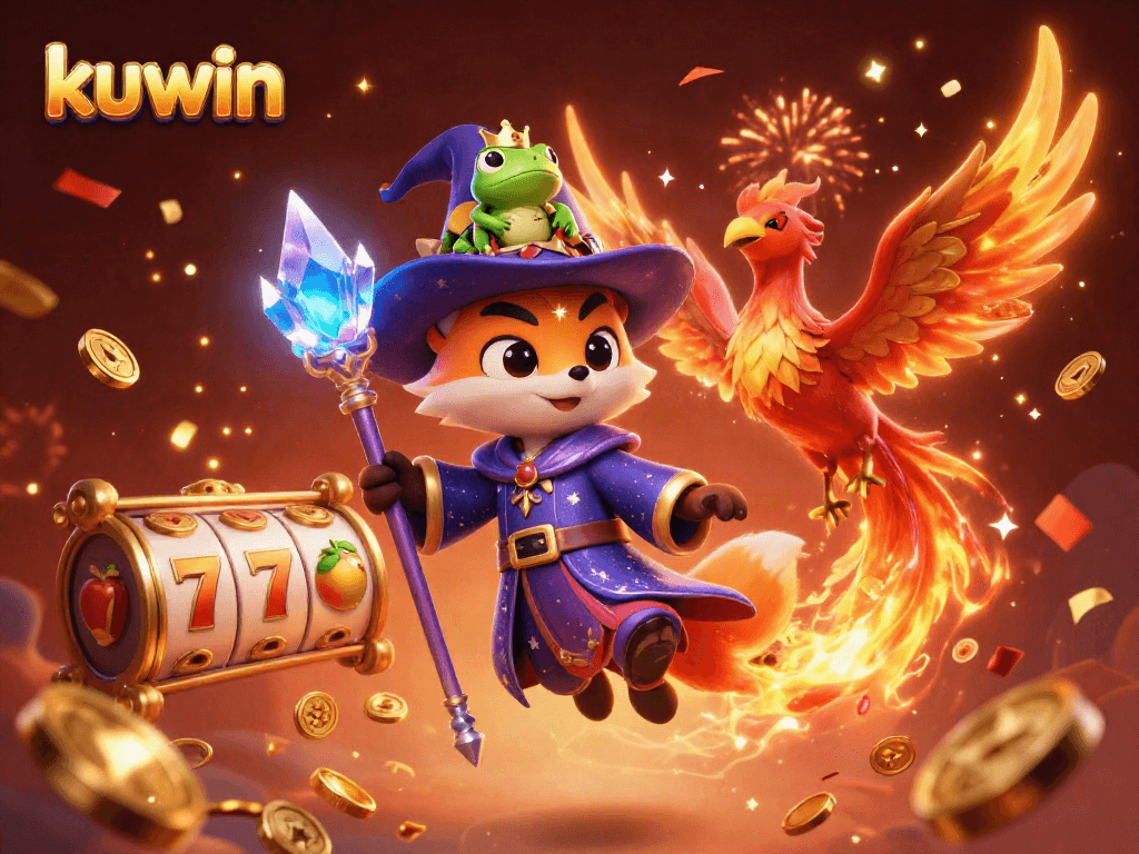 Kuwin showcases a magical scene with a wizard fox and phoenix amid slot reels and golden coins.