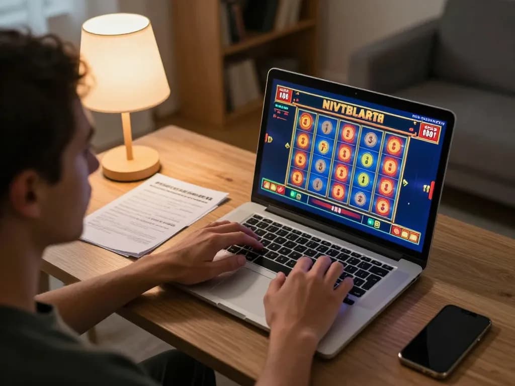Player engaging with slots on 888top, showcasing strategy in a cozy home setting