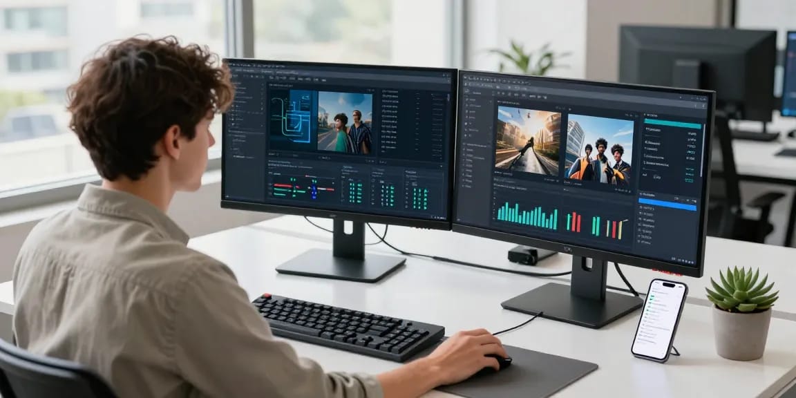 Free AI image detector workspace with professional analyzing data on dual monitors in a bright office.