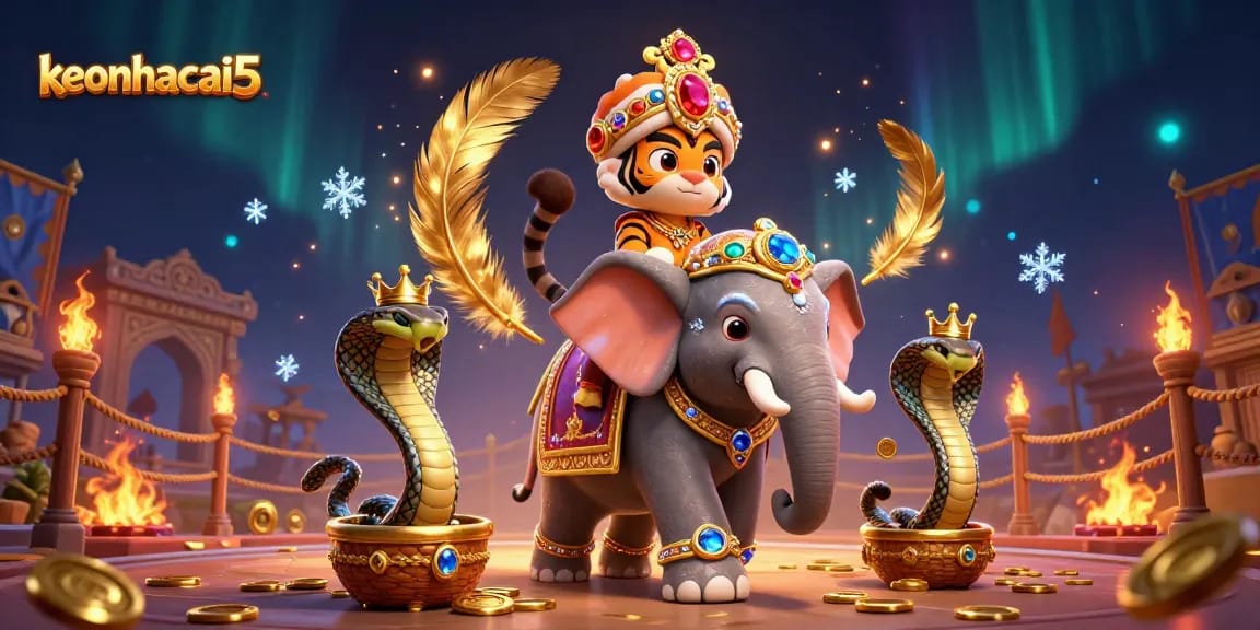 Engage in the dynamic gaming scene of keonhacai5 with vibrant characters and golden betting tokens.