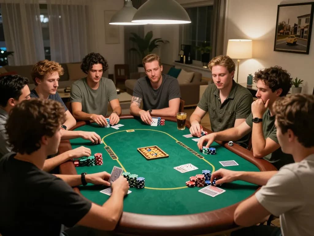 The hidden wiki poker night scene with friends engaged in a strategic Texas Hold'em game around a round table.